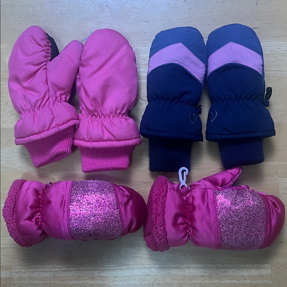 3 Insulated Pink and Navy Kids Mittens Set